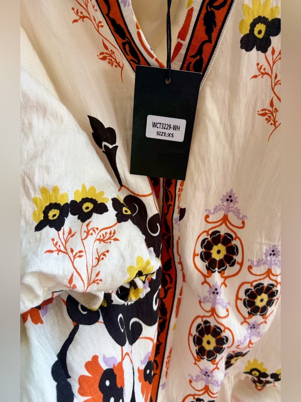 NWT THML Cream Dress wi/Orange/Black/Yellow Floral Embroidery. She has pockets! - Picture 2 of 5